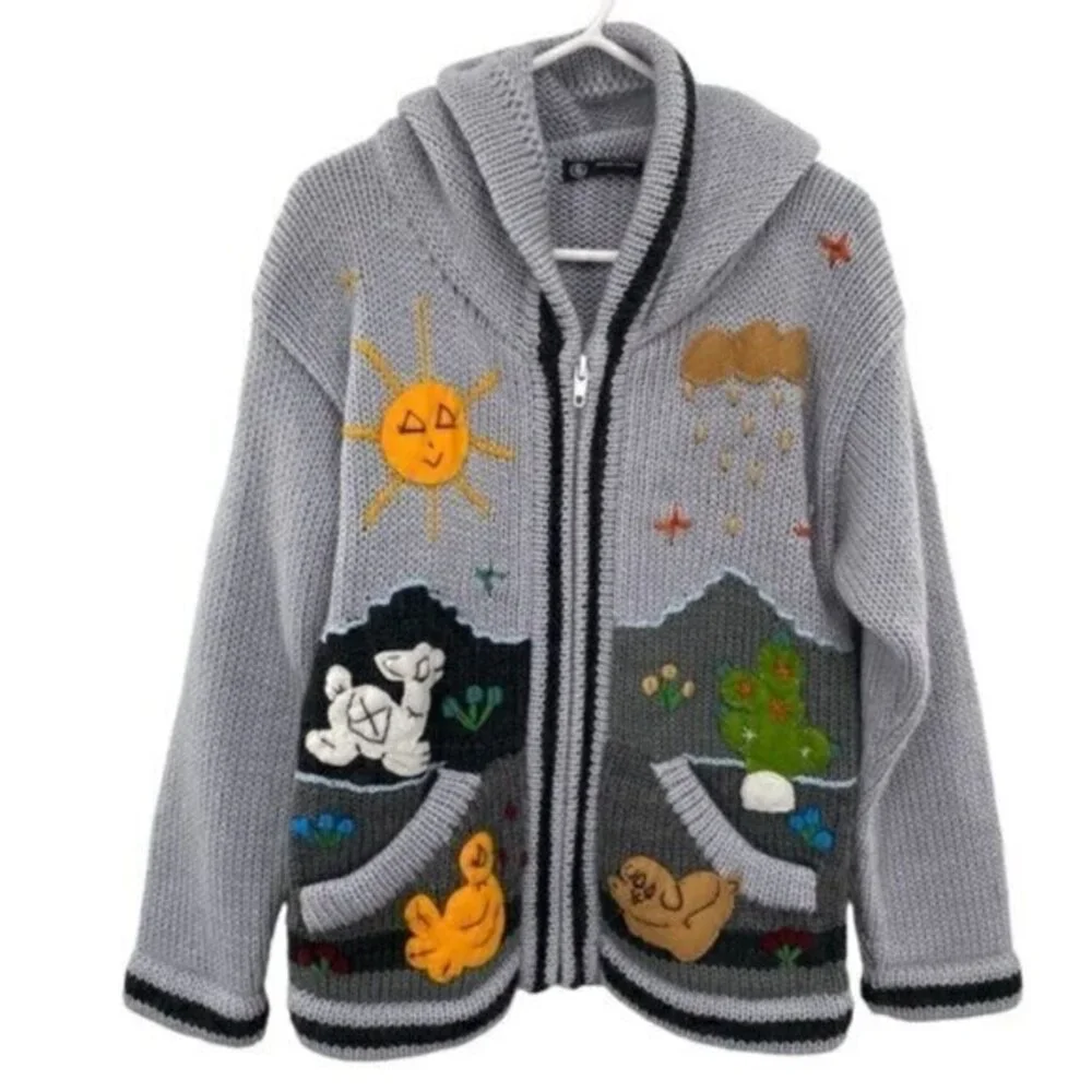 Alpaca Connection Kids Peruvian Zip Up Embroidered Hooded Cardigan Sweater